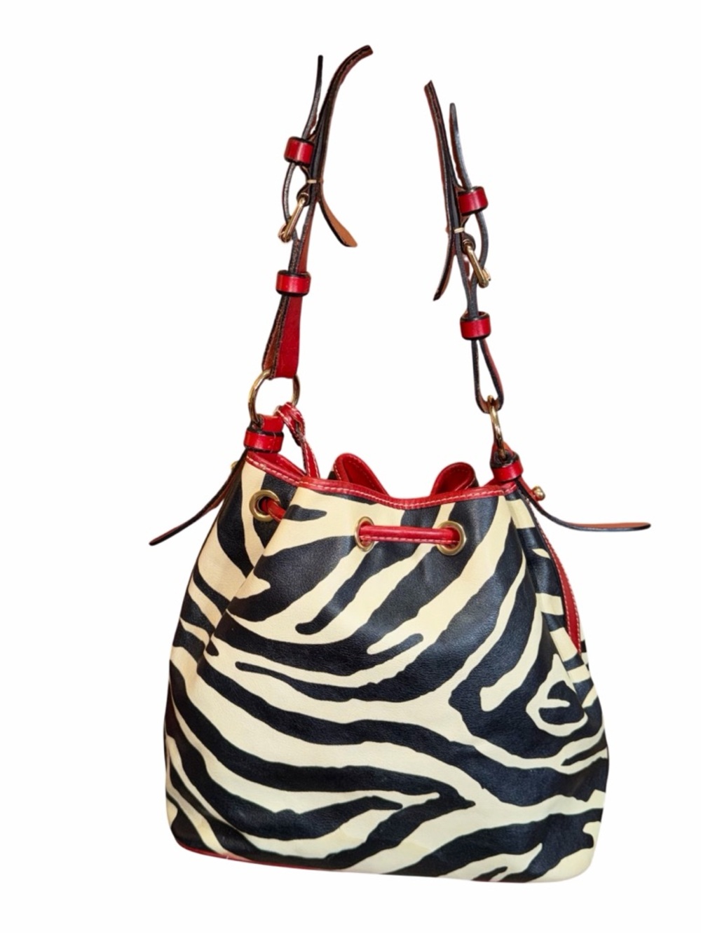 REHAB Dooney & Bourke Red Trim Zebra-Print Drawstring Bucket Bag - Picture 7 of 14